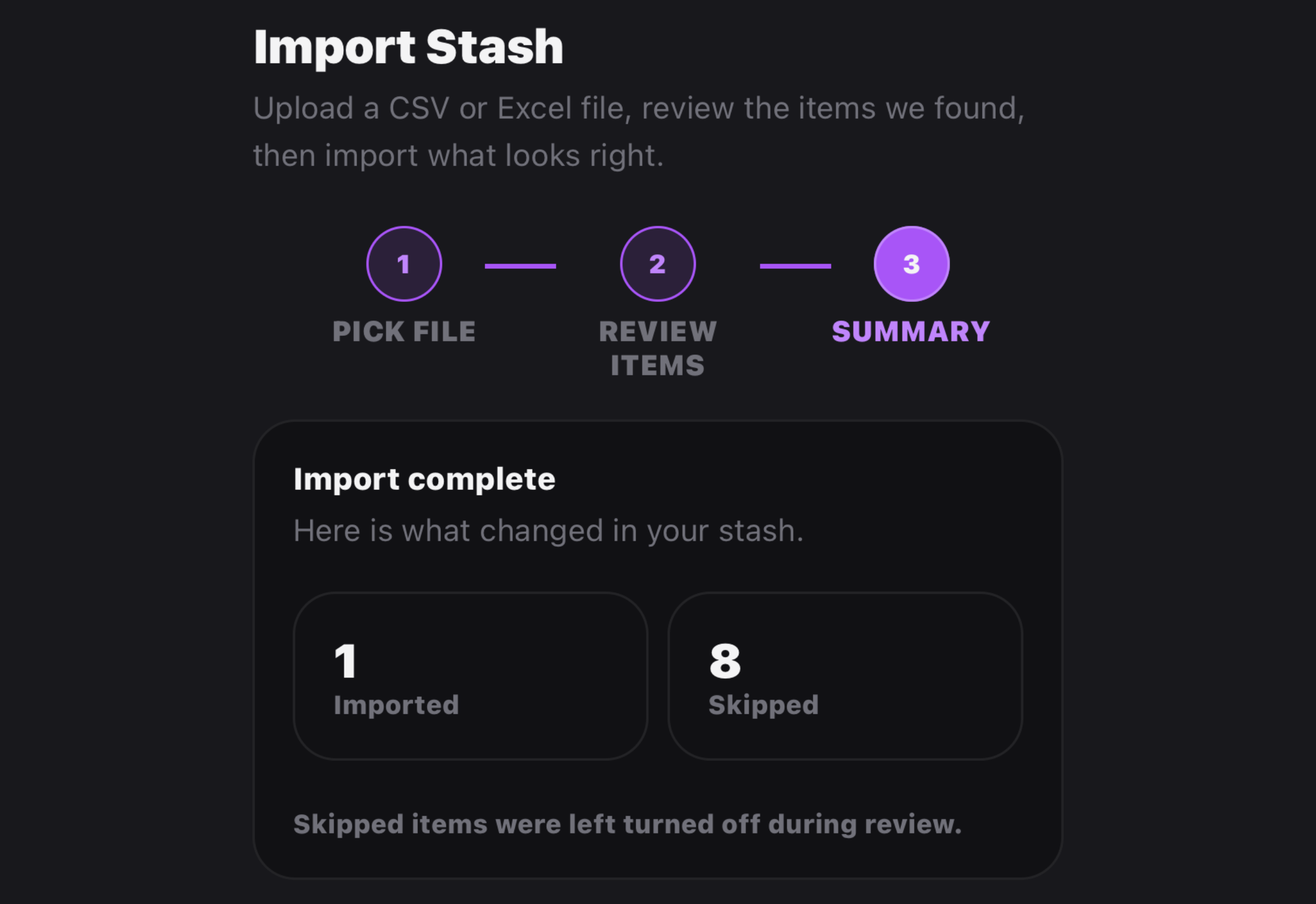 Stash-d import review showing duplicate control for imported collectible copies