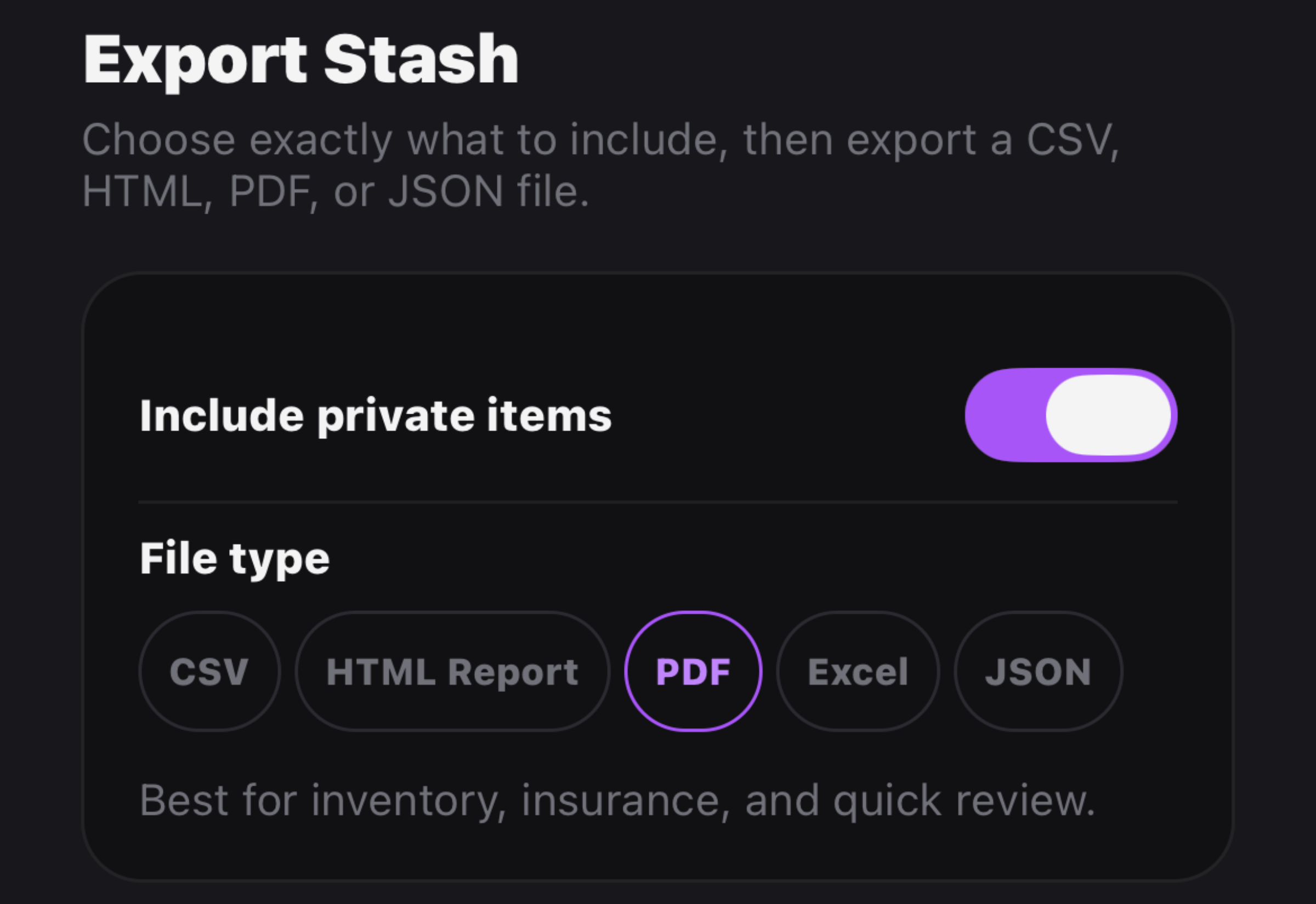 Stash-d export options showing scope, privacy, and file type controls