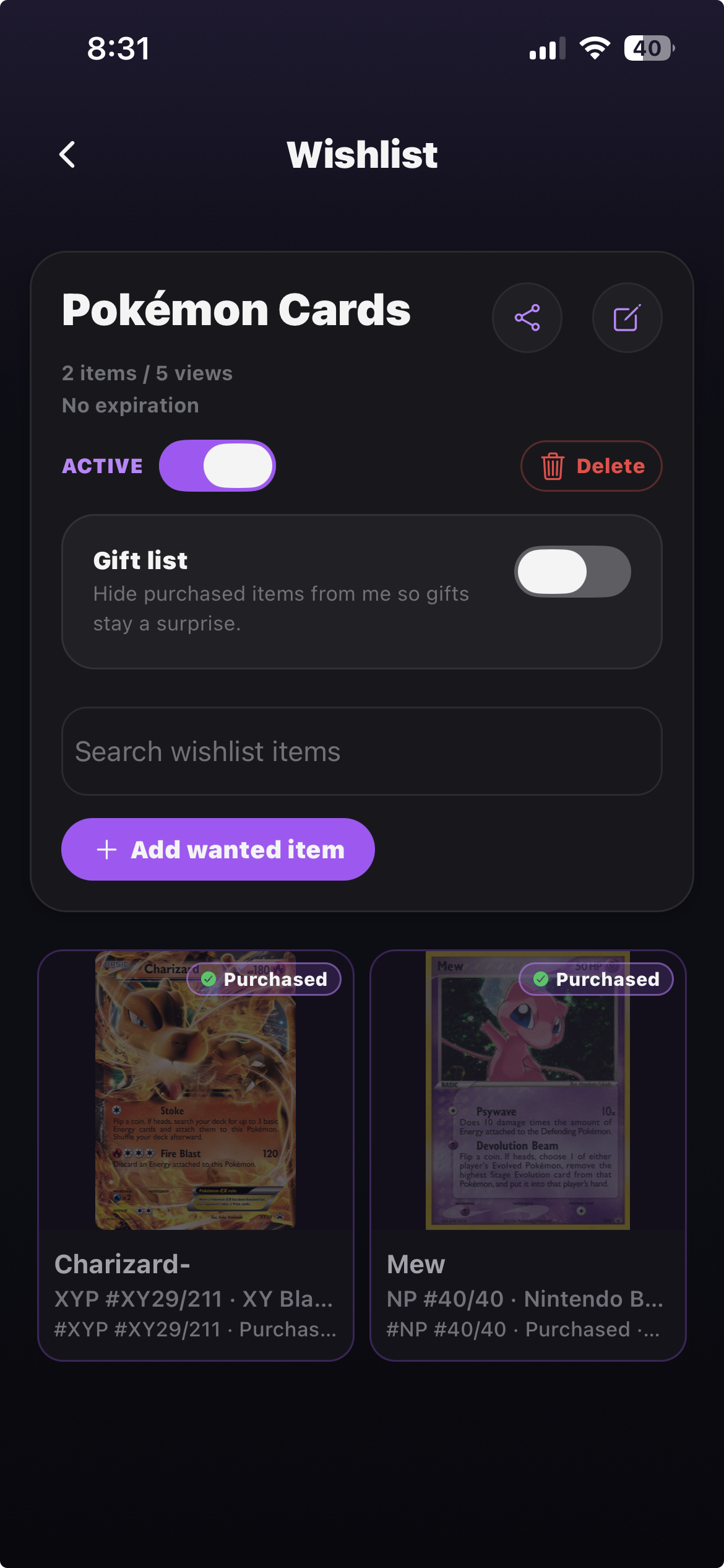 Stash-d gift wishlist screen