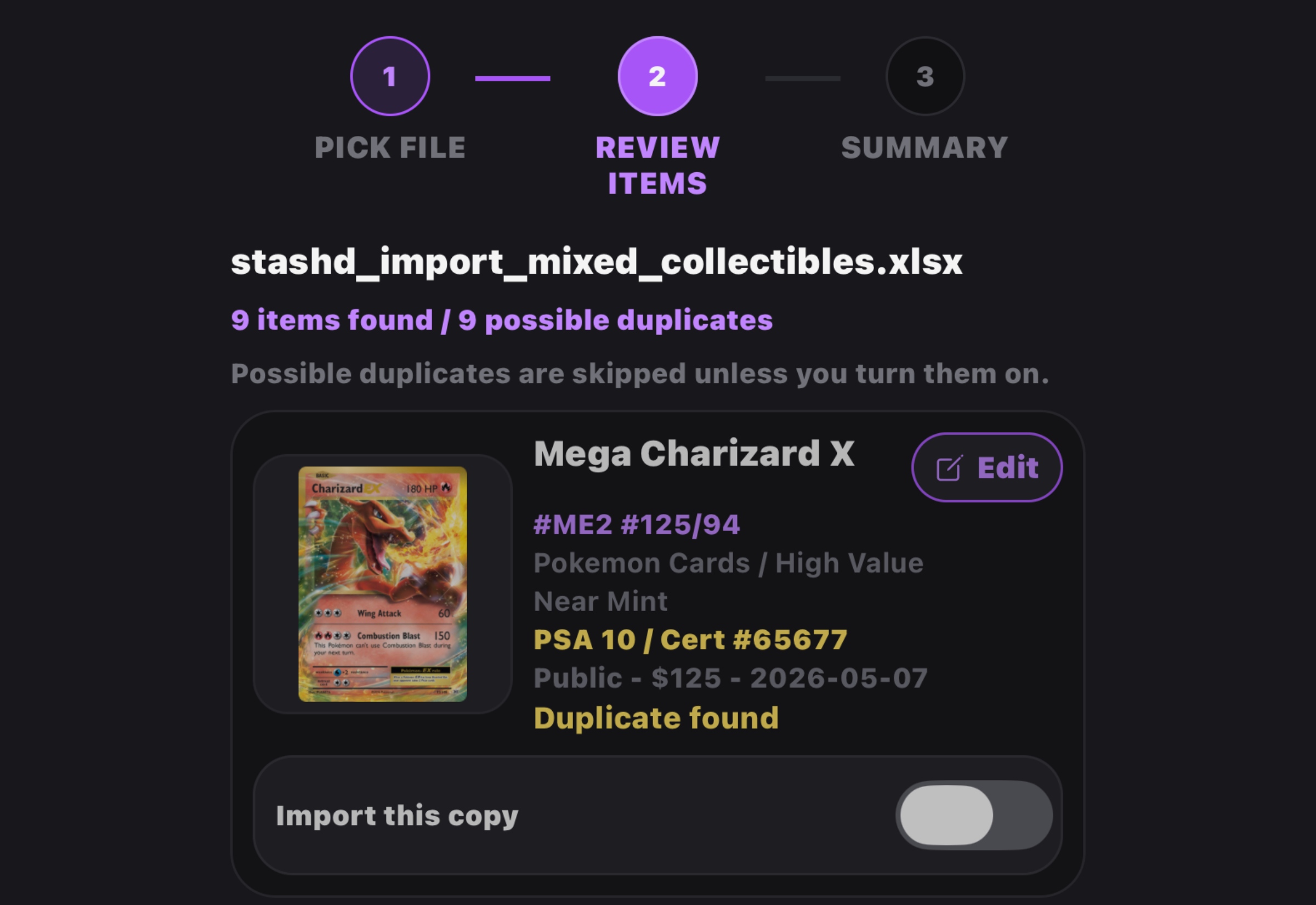 Stash-d import review showing collectible item cards before importing
